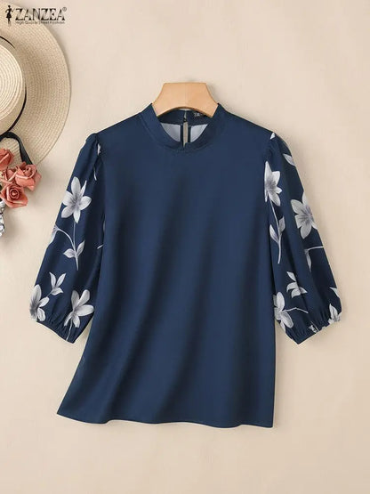ZANZEA Elegant Women Blouses Fashion Stand Collar Floral Printed Half Lantern Sleeve Casual Tops Spring 2025 Woman Clothes S-3XL