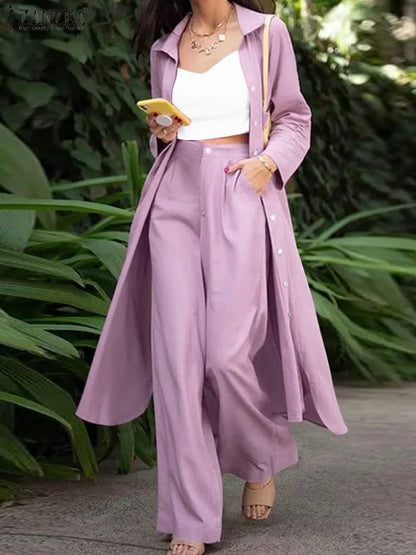 ZANZEA Spring 2PCS Outfits Fashion Long Sleeve Shirt Loose Pant Sets Women Elegant Matching Sets Stylish Solid Work Tracksuits