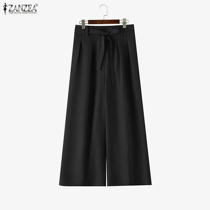 ZANZEA Summer Autumn Wide Leg Pants Women Long Trousers Fashion Solid Color Bottoms Streetwear Belt Pant Oversize S-3XL