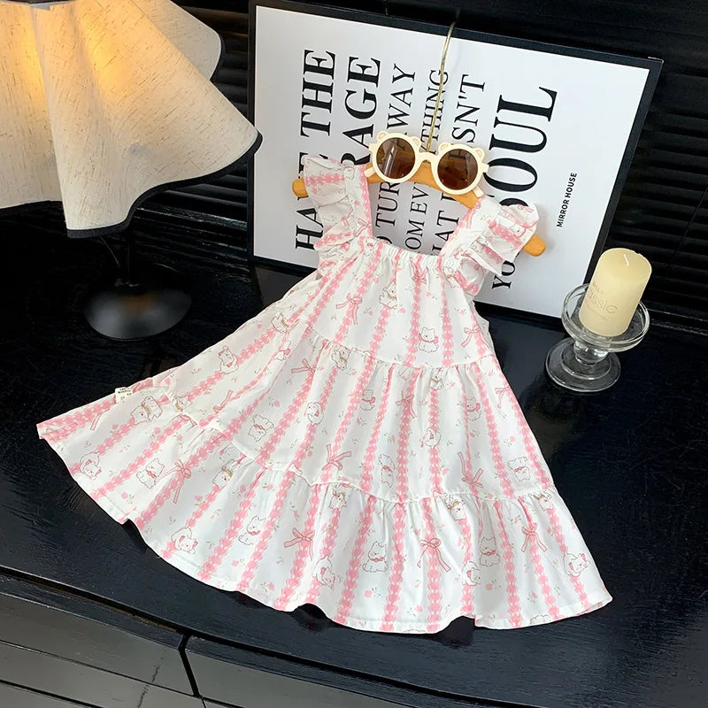 2026 Summer Girls Flutter Sleeve Dress Kids Printed Tiered Princess Dresses for 1-12Y Children Vacation Clothes