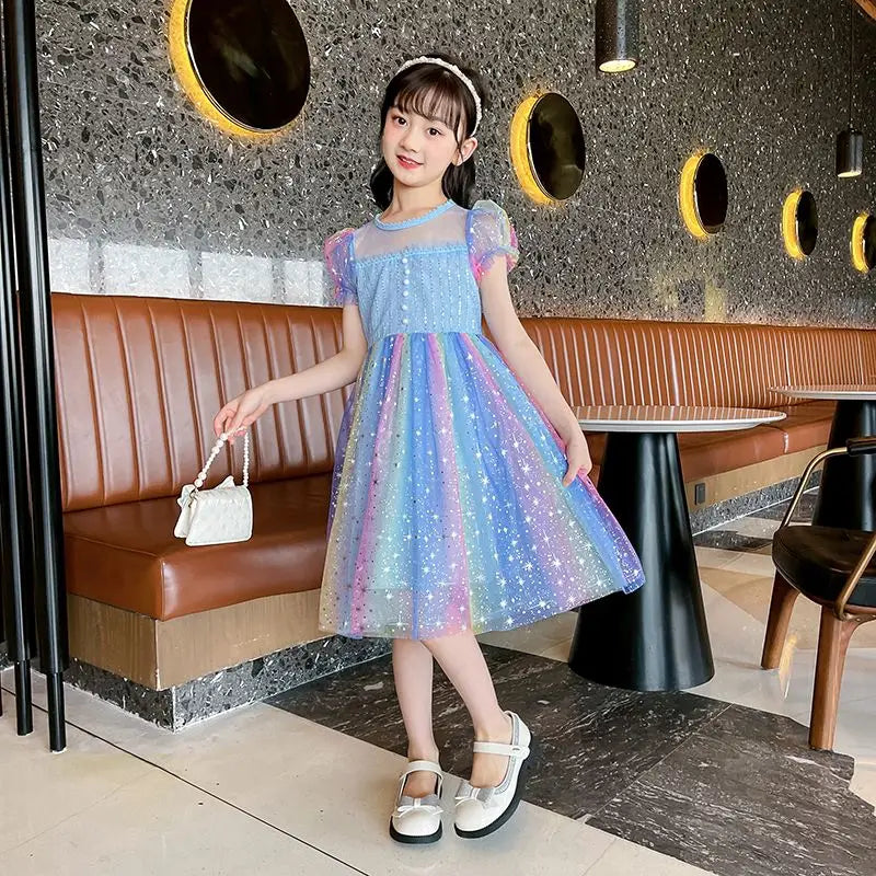 Puffy Dress Rainbow-colored Tulle Girls Holiday 2025 Beautiful Dresses Girls' Casual Kids Korean Children's Clothes Girl 8 Years