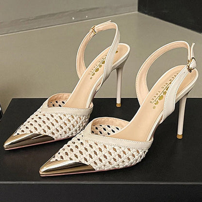 BIGTREE Fashion Hollow Woven Slim Heel Sandals Women Shoes Summer Advanced Metal Pointed High Heels Women Pumps Stiletto 8.5 cm