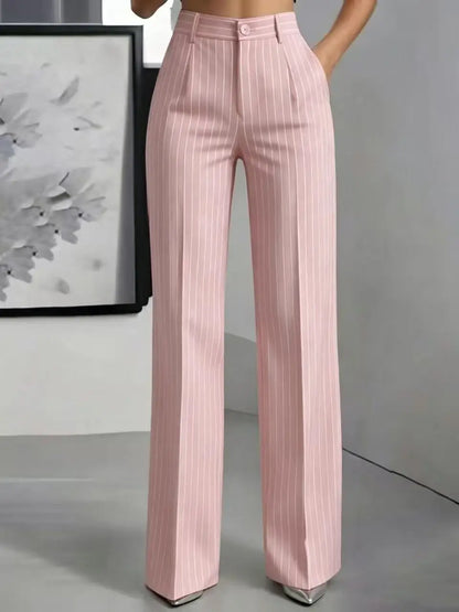Women Striped Vintage Elastic Back Waist Suit Pants Draped Wide Leg Slacks Business Commute Casual Work Office Ladies Trousers