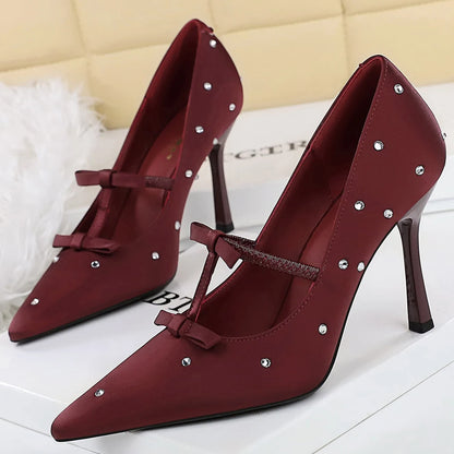 BIGTREE Shoes Women Pumps Rhinestone Design High Heels Satin Bowknot Women Heels Stiletto 9.5cm Sexy Party Shoes Banquet Shoes