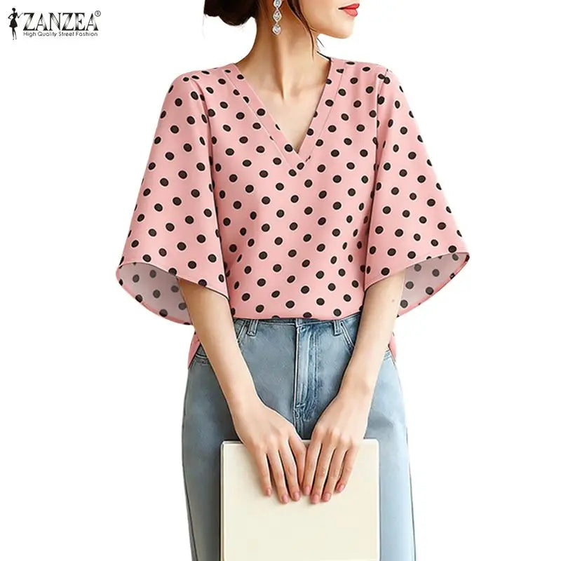 ZANZEA Woman Elegant Half Bell Sleeves Blouses Vintage Polka Dot V-Neck Loose Tops 2026 Summer Vacation Casual Blusas de Mujer