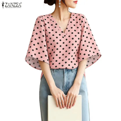 ZANZEA Woman Elegant Half Bell Sleeves Blouses Vintage Polka Dot V-Neck Loose Tops 2026 Summer Vacation Casual Blusas de Mujer