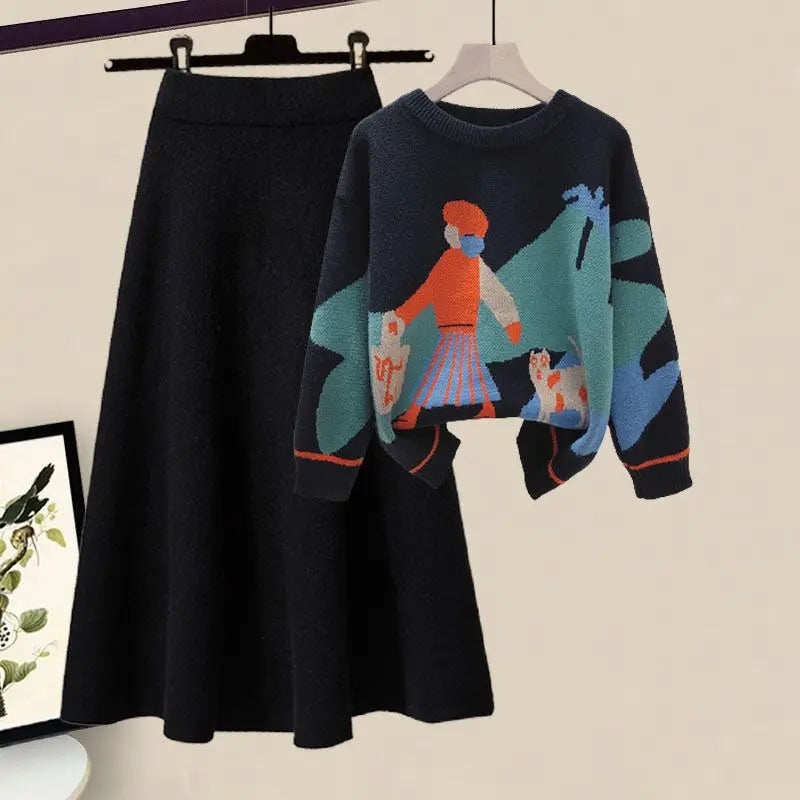2024 Winter New Cartoon Printed Knitted Sweater Pullover Slim Fit Knitted Skirt Two Piece Elegant Women's Party Dress