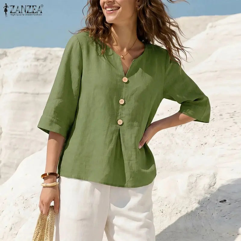 ZANZEA Women Breathable Cotton Linen Blouses V-Neck Half-Sleeve Loose Plain Tops Summer Daily Casual Vacation Beach Blusas Mujer