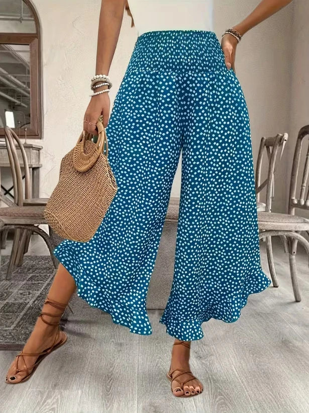 Women's Floral Wide Leg Nine-Point Pants Stretch High Waist Ruffled Slit Hem Casual Summer Beach Flowing Lightweight Pants