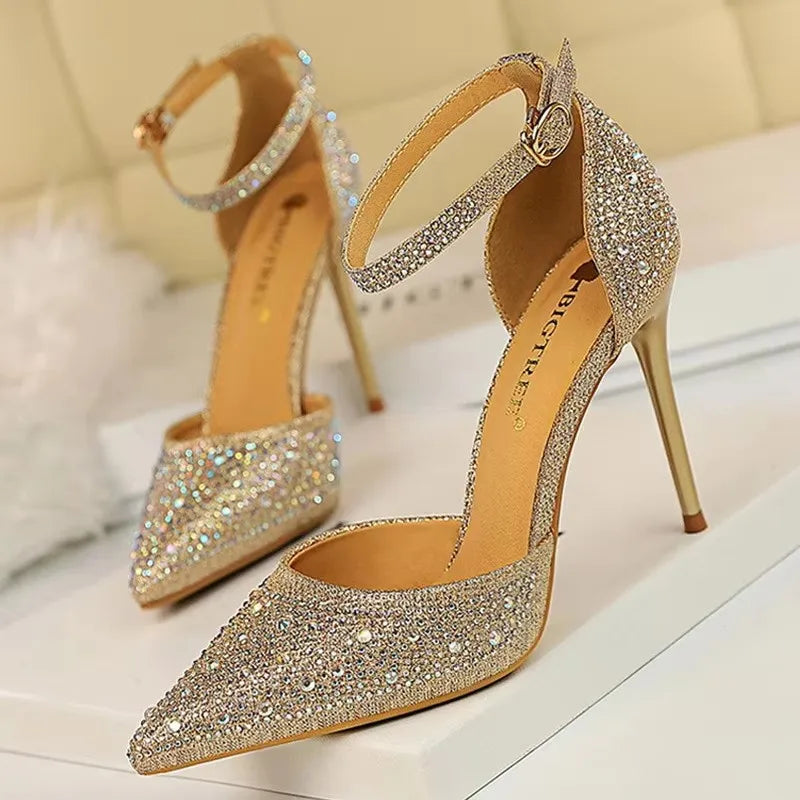BIGTREE Shoes Shiny Rhinestones High Heels Ladies Shoes Women Pumps Stiletto Sweet Women Heels Wedding Shoes Women Sandals 10 Cm