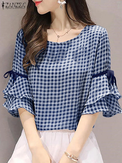 ZANZEA Womens Vintage Gingham Blouses Elegant O-Neck Lace-Up 3/4 Ruffles Sleeve Blusas Mujer Summer 2025 Day Wear Tunic Tops