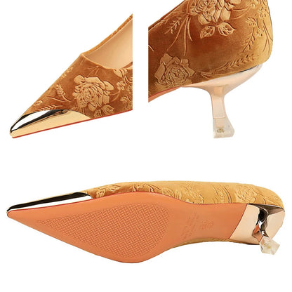 BIGTREE Shoes Women 4 Cm Heels Flower Embossing Women Pumps Metal Pointed Tip Middle Heel Shoes Stilettos Elegant Banquet Shoes