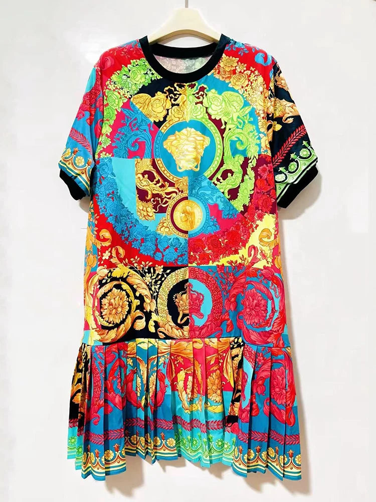 Retro geometric print round neck pullover dress 2026 summer women's T-shirt skirt fashionable loose oversized puffy skirt