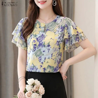 ZANZEA Summer Women Blouses Ruffles Short Sleeve Tops Fashion Print Tops Streetwear OL Work Party Blusas Oversize Tunic S-3XL
