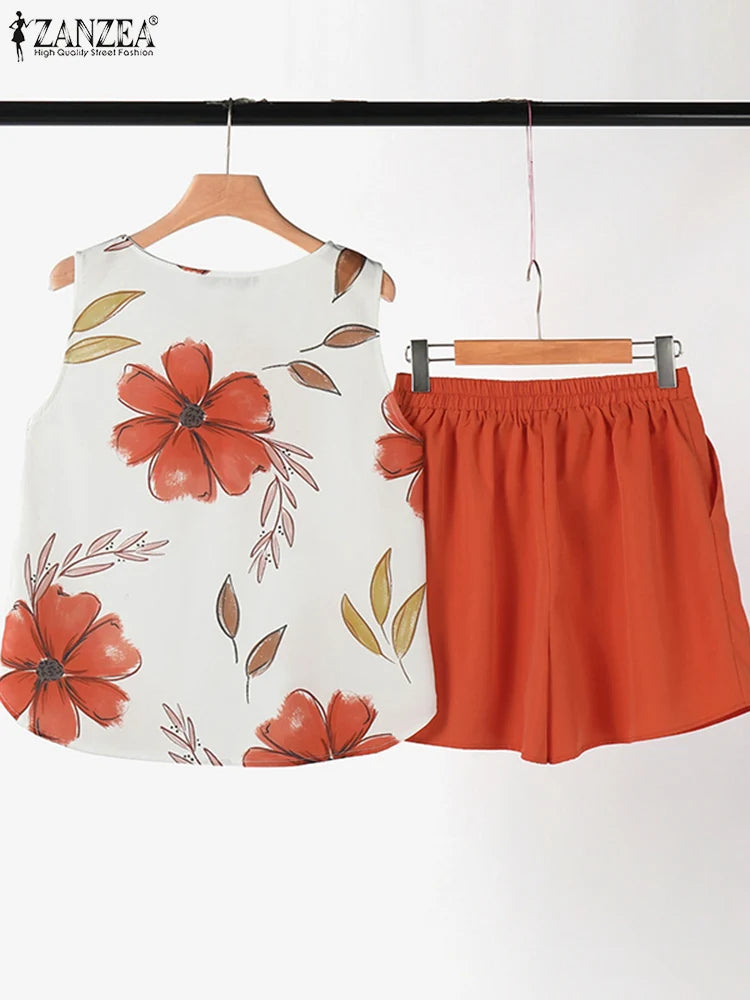 2024 ZANZEA Summer Short Sets Floral Printed Sleeveless Tanks Tops Pant Sets 2PCS Holiday Beach Outfits Women Bohemain Tracksuit