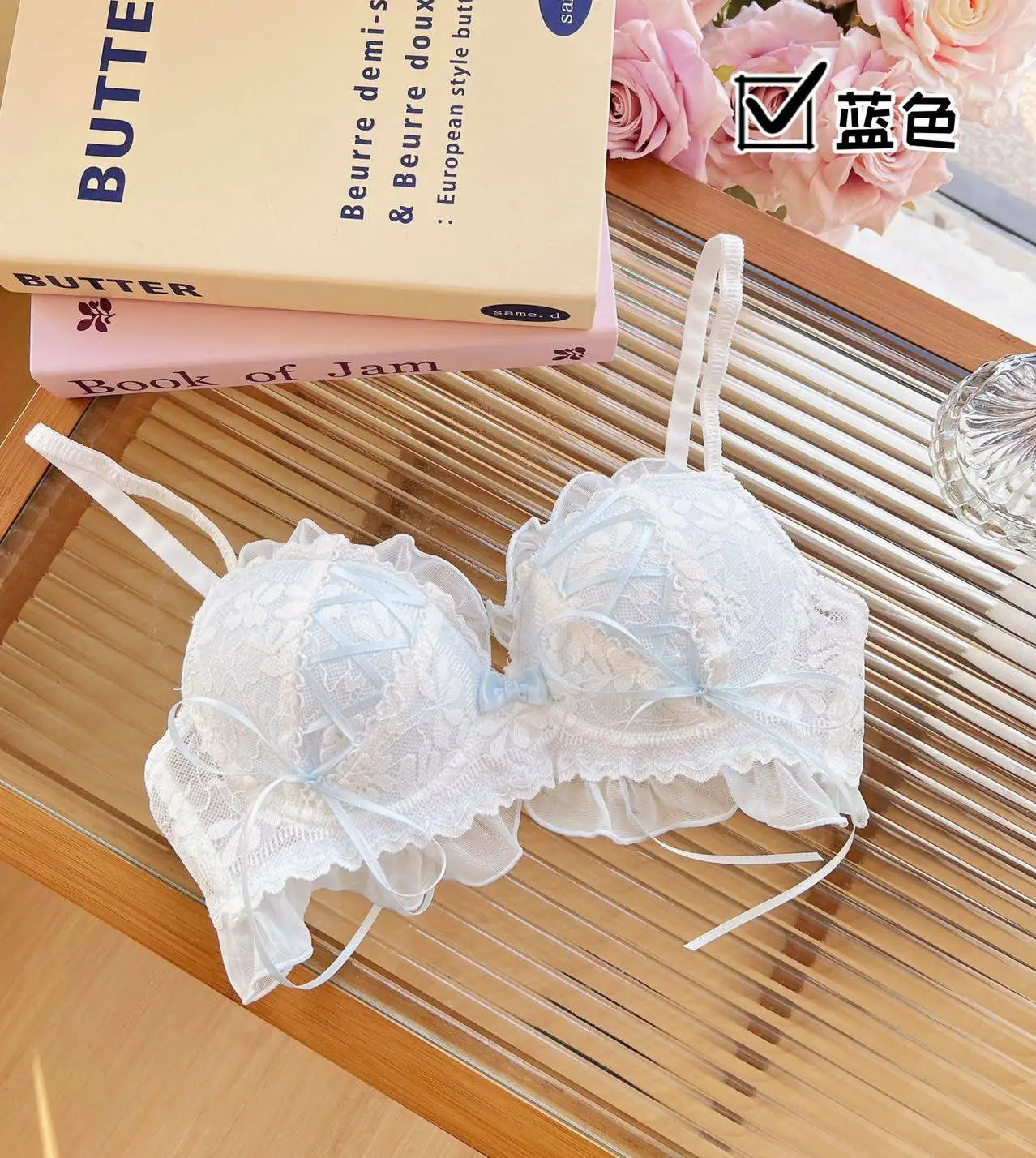 YUQI Japanese Style Lace Lingerie Set, Wireless Push Up Bra for Small Breasts, Anti-Sagging Lolita Bralette, Sheer Comfort Wear