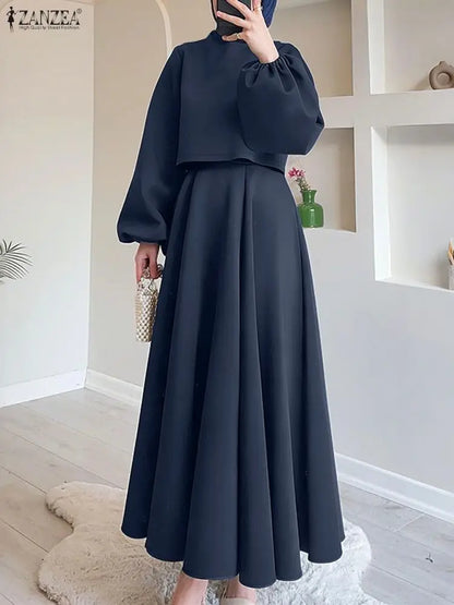 ZANZEA Spring Elegant Long Sleeve Dress Sets Stylish Women 2 Piece Sets Office Outfits Solid Cropped Blouse Skirt Tracksuit 2026
