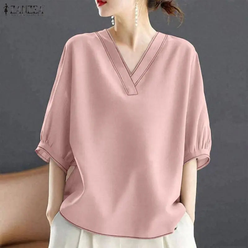 ZANZEA Contrast-Stitch V-Neck 3/4 Lantern Sleeve Blouses for Woman Casual Loose Pullover Tops Summer Daily Casual Blusa de Mujer