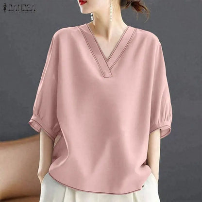 ZANZEA Contrast-Stitch V-Neck 3/4 Lantern Sleeve Blouses for Woman Casual Loose Pullover Tops Summer Daily Casual Blusa de Mujer
