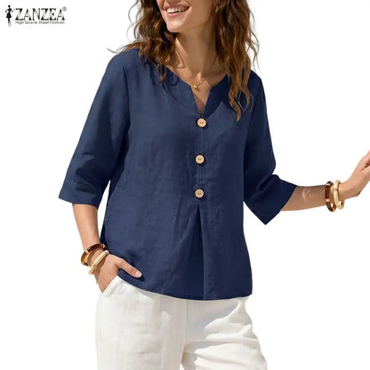 ZANZEA Women Breathable Cotton Linen Blouses V-Neck Half-Sleeve Loose Plain Tops Summer Daily Casual Vacation Beach Blusas Mujer
