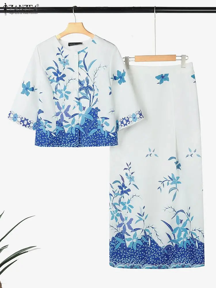 ZANZEA Vintage Floral Printing 2 Pieces Skirt Sets Women Elegant 3/4 Sleeve Short Tops and Long Pencil Skirts 2pcs Suits Outfits