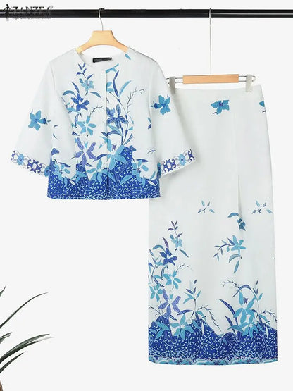 ZANZEA Vintage Floral Printing 2 Pieces Skirt Sets Women Elegant 3/4 Sleeve Short Tops and Long Pencil Skirts 2pcs Suits Outfits