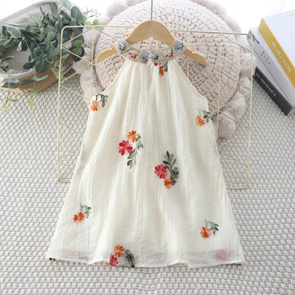 Girls Sweet Dresses Summer Embroidered Sleeveless Hanging Neck Beach Dress Leisure Vacation Dress Kids Clothes