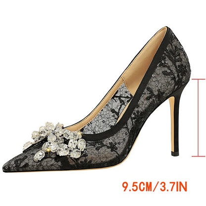 BIGTREE Shoes Women Pumps Black Lace High Heels Sexy Party Shoes 9 cm Stiletto Heels Rhinestone Bowknot Women Heels Plus Size 43