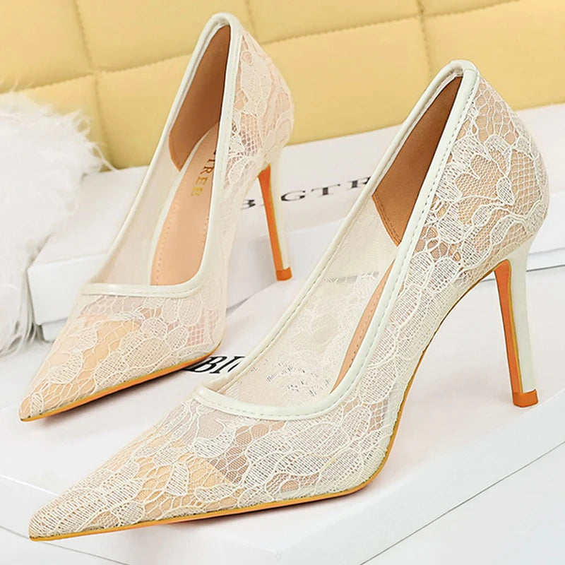 BIGTREE Shoes Women Pumps Black Lace High Heels Sexy Party Shoes 9 cm Stiletto Heels Nightclub Banquet Shoes Women Heels Size 43