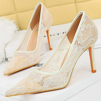 BIGTREE Shoes Women Pumps Black Lace High Heels Sexy Party Shoes 9 cm Stiletto Heels Nightclub Banquet Shoes Women Heels Size 43