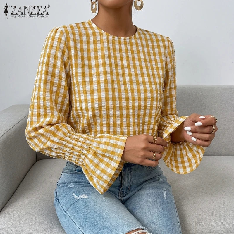 ZANZEA Women's Stylish Gingham Blouses Casual O-Neck Long Sleeve Shirred Cuffs Loose Tops Everyday Wear Going-Out Blusas Mujer 7