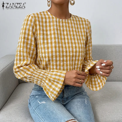 ZANZEA Women's Stylish Gingham Blouses Casual O-Neck Long Sleeve Shirred Cuffs Loose Tops Everyday Wear Going-Out Blusas Mujer 7