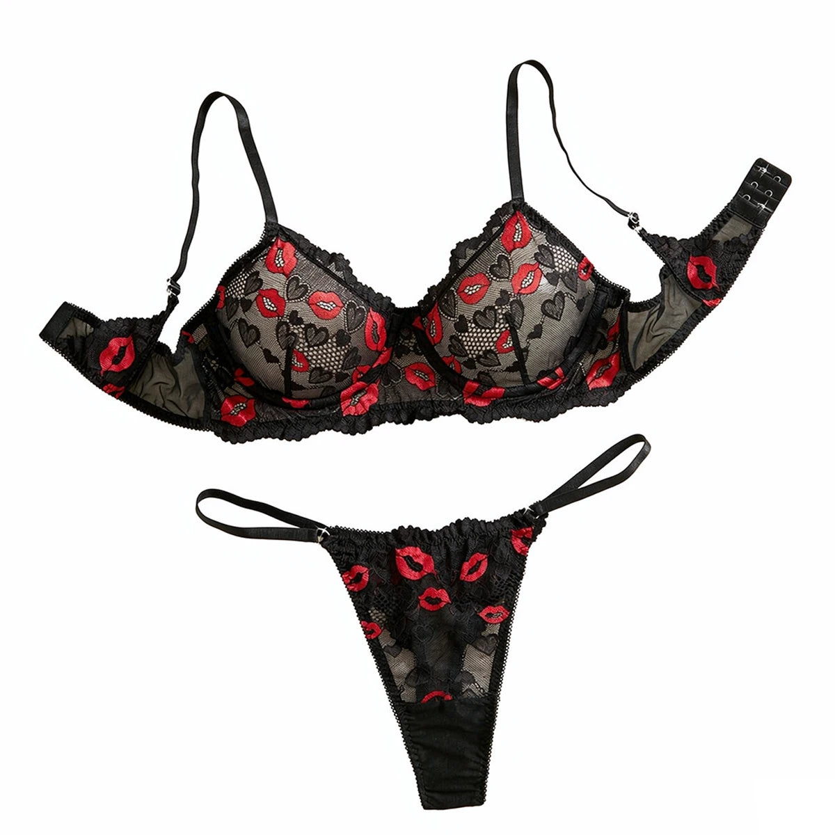 Sheer Mesh Lingerie Set Red Lips Print Bra Thong Adjustable Back Band Hollow Out Sexy Push Up Gift