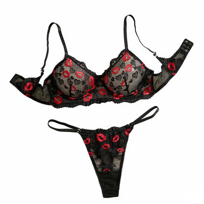 Sheer Mesh Lingerie Set Red Lips Print Bra Thong Adjustable Back Band Hollow Out Sexy Push Up Gift