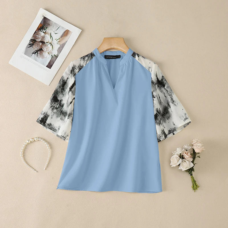 ZANZEA Elegant Blouses for Woman Patchwork Fashion Printed 3/4 Sleeve V-Neck Loose Tops Summer Daily Casual Blusas de Mujer