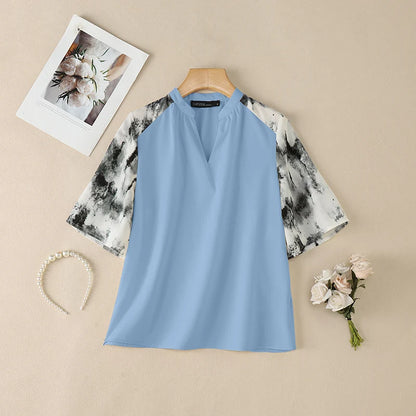 ZANZEA Elegant Blouses for Woman Patchwork Fashion Printed 3/4 Sleeve V-Neck Loose Tops Summer Daily Casual Blusas de Mujer