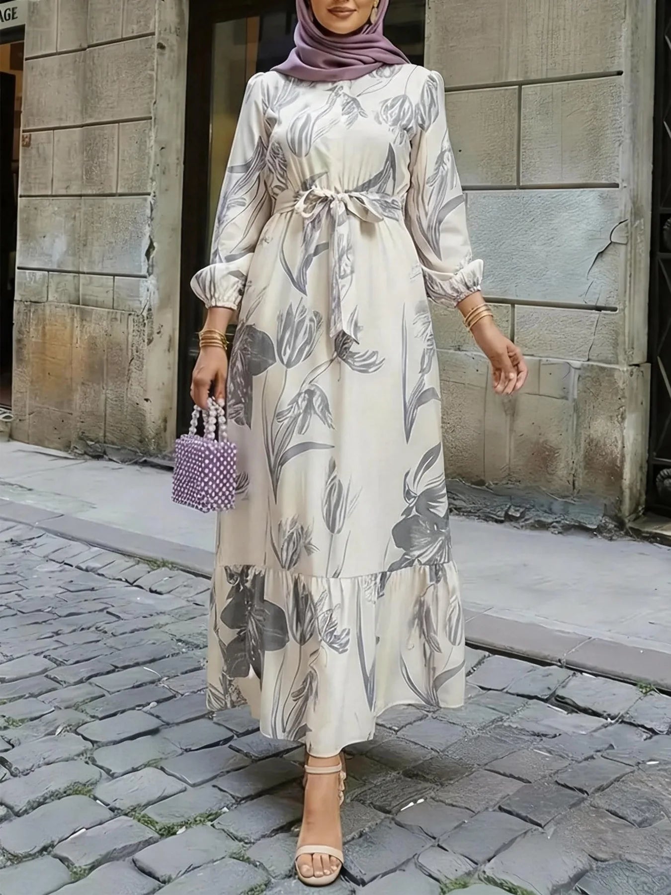 New Western style elegant floral print elastic waist spliced ruffled hem dress
