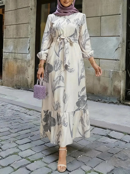 New Western style elegant floral print elastic waist spliced ruffled hem dress