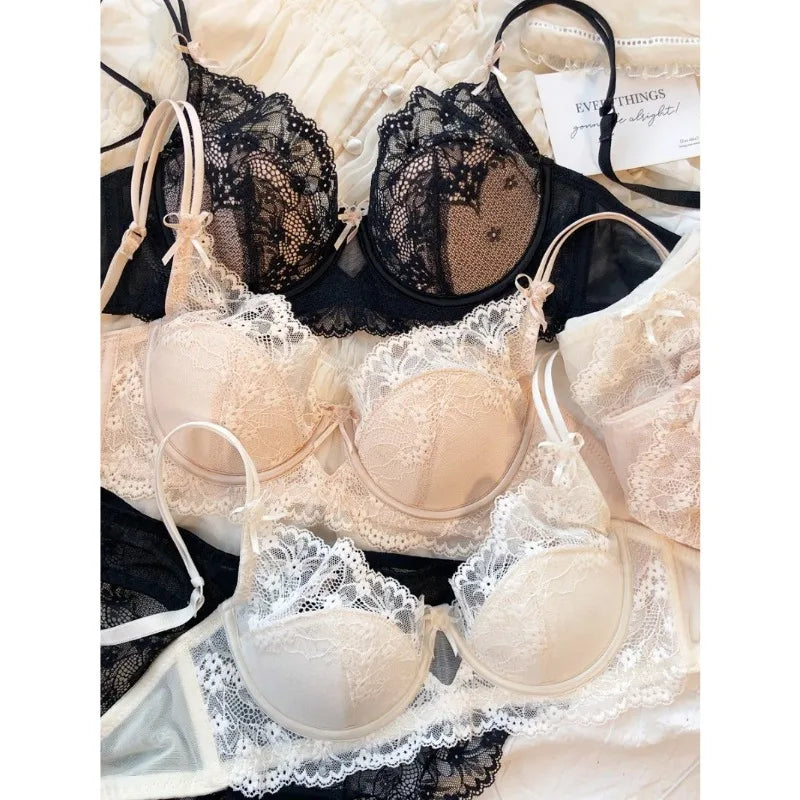 New Women Lingerie Set Sexy Lace Push Up Bra French 3/4 Thin Cup Bralette Cute Bow Decoration Underwear Comfort Bras Briefs Sets