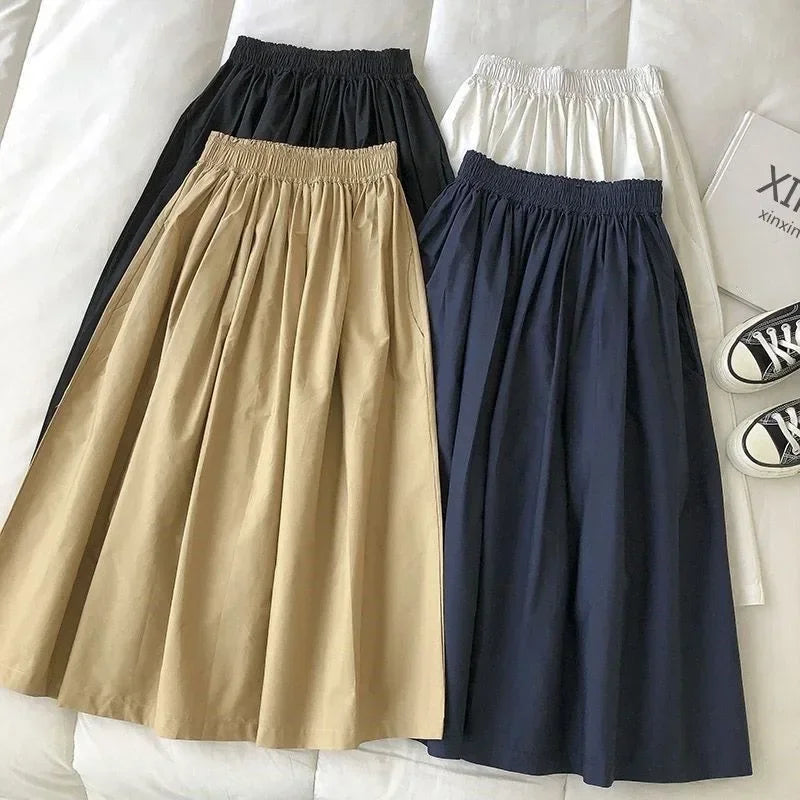 Women's White High Waist Long Skirt A-Line Knee-Length Casual Elegant with Pockets Pleated Fashion for Autumn