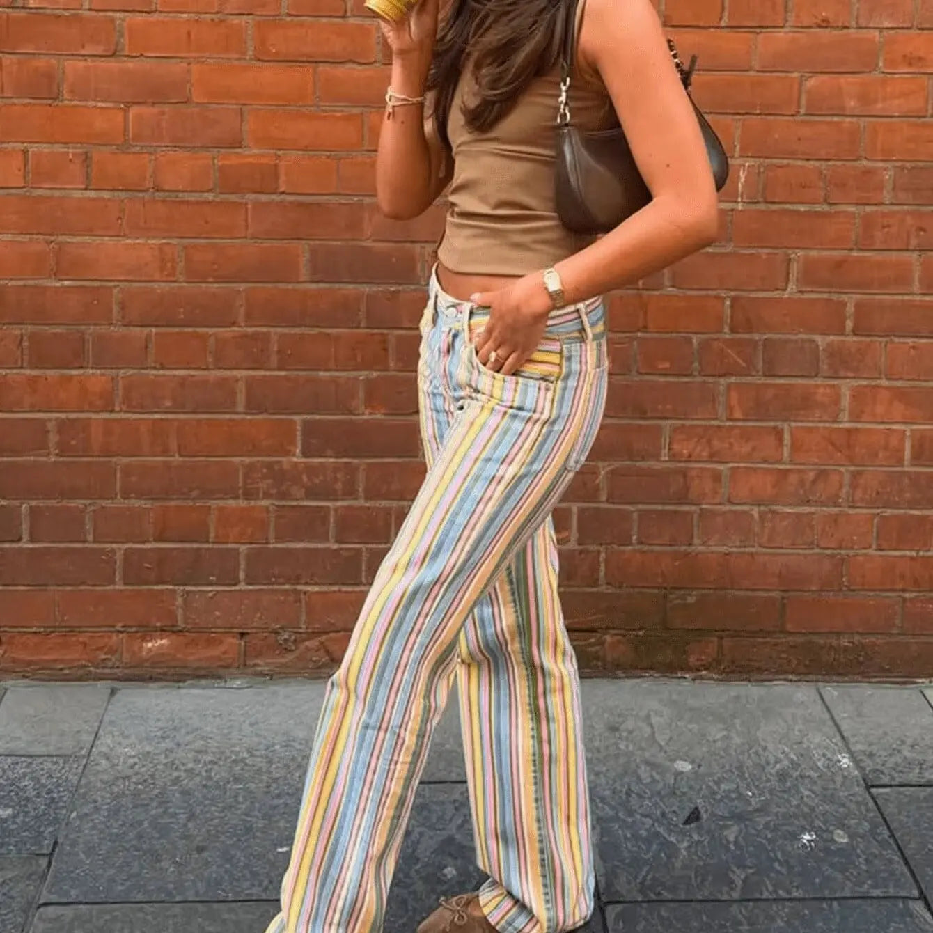 ZBZA Women's Commuter Style Color Block Stripe Jeans Casual Straight Leg Pants Fashionable Personality Unique Design Polyeste...