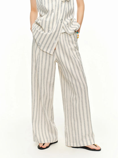 DUSHU 2026 Summer Women Striped Linen Cotton Straight Leg Elastic High Waist Breathable Casual Trousers Boho Beach Coastal Style
