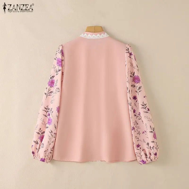 ZANZEA Lace Patchwork Pintuck Details Shirts Women's Elegant Mandarin Collar Floral Puff Sleeves Button Up Shirt Woman Tops 3XL