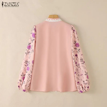 ZANZEA Lace Patchwork Pintuck Details Shirts Women's Elegant Mandarin Collar Floral Puff Sleeves Button Up Shirt Woman Tops 3XL