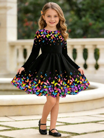 Black butterfly girl long sleeved dress, floral round neck all season casual fashion dress