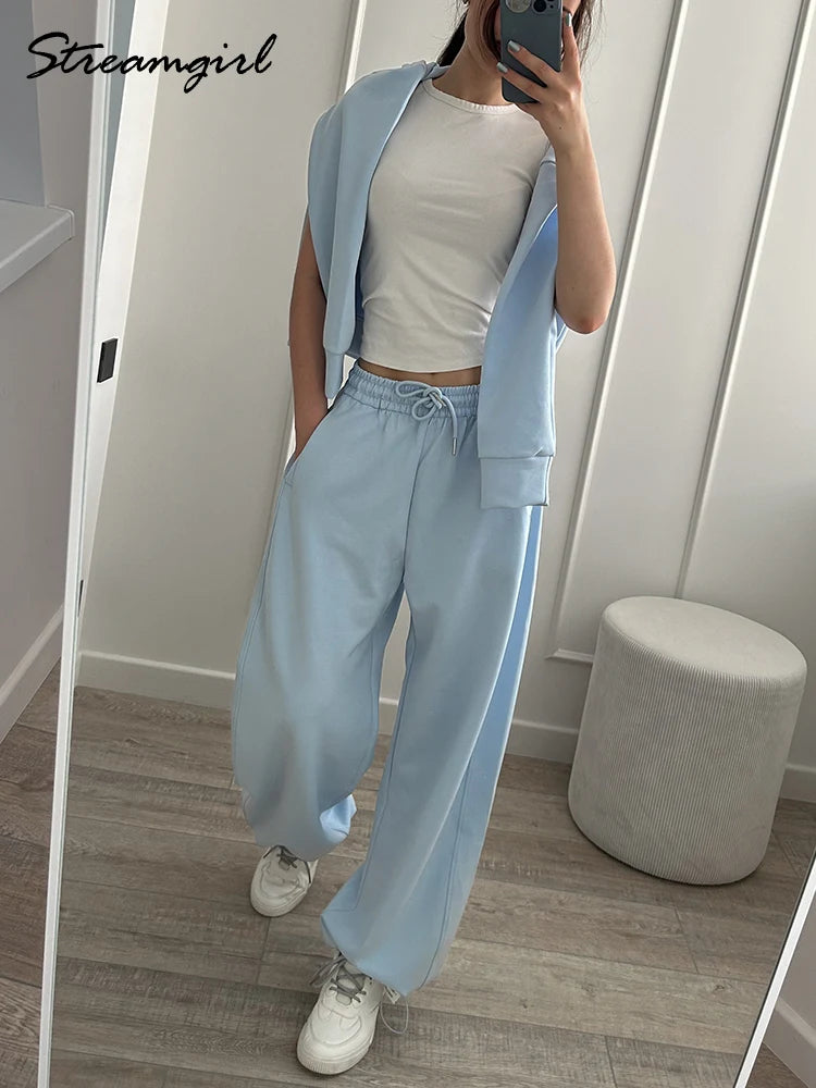 Women Two Piece Sets Pants Outfits Fall Oversize Blue Tracksuits Sweatshirts And Sweatpants Butter Yellow Sets Suits For Women