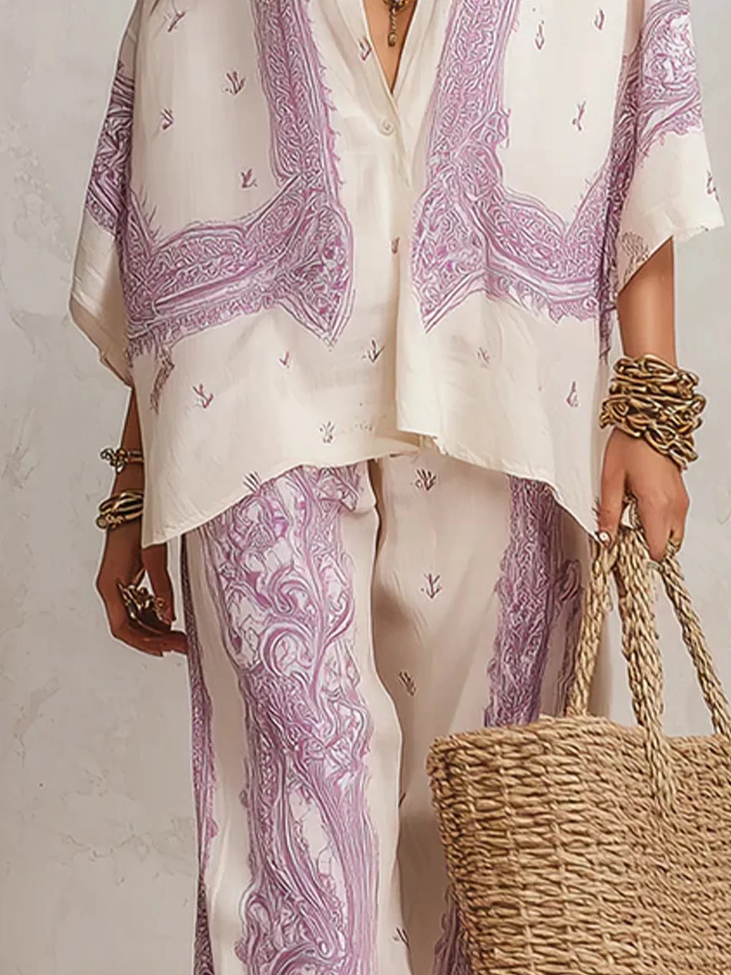 Summer Paisley Printing 2 Piece Set Women Elegant Lapel Long Sleeve Shirt Top & Wide Leg Pants Casual Loose Suit for Vacation