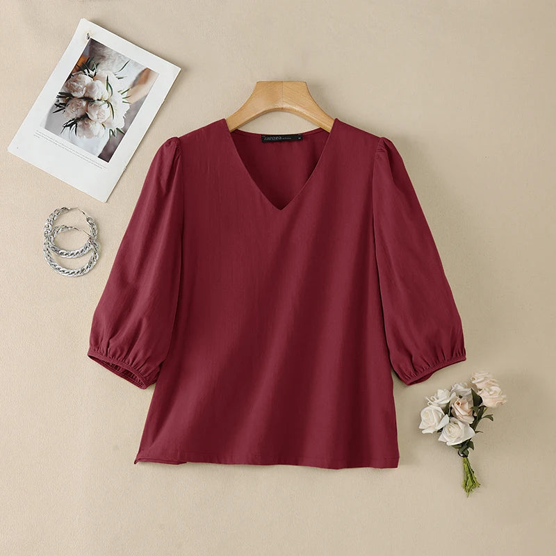 ZANZEA Women's Cotton Linen Breathable Blouses Casual V-Neck 3/4 Lantern Sleeves Solid Color Tops Everyday Wear Blusas de Mujer