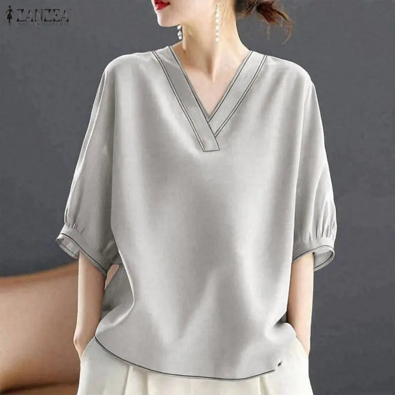 ZANZEA Contrast-Stitch V-Neck 3/4 Lantern Sleeve Blouses for Woman Casual Loose Pullover Tops Summer Daily Casual Blusa de Mujer
