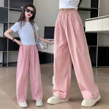 Kids' Korean Streetwear Ice Silk Wide Leg Straight Trousers Lightweight Athleisure Pants for Girls Trendy Casual Sporty Design